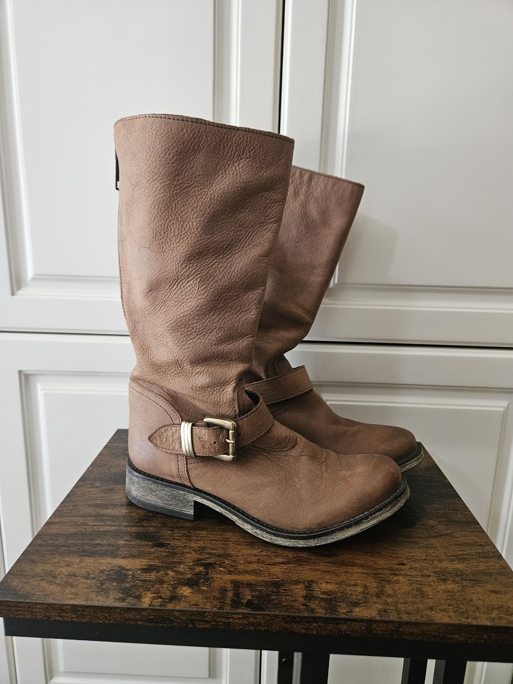 Steve Madden Tan Leather Tall Buckle Boot Boho Chic Moto Biker Casual Americana